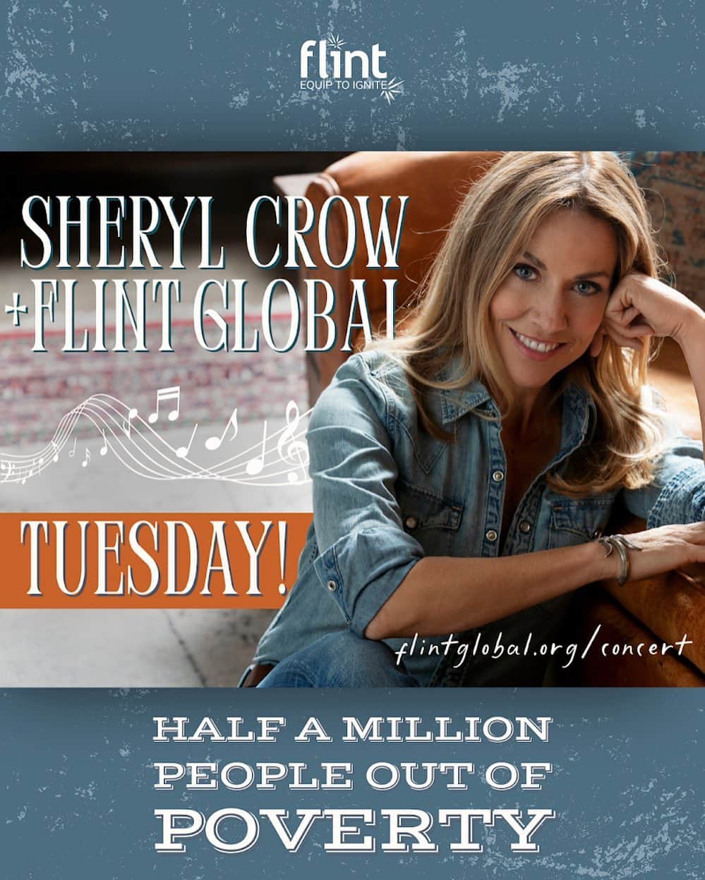 シェリル・クロウのインスタグラム：「THIS TUESDAY!!! 💫🎉🎶 Let's come together on Tuesday night to help @flintglobal get HALF A MILLION people out of poverty!  I'm playing at the amazing Country Music Hall of Fame® and Museum in #Nashville and want you there with me supporting this great cause. ✨ See you at 8pm in the CMA theater.  Head to flintglobal.org/concert for tickets and more info!」