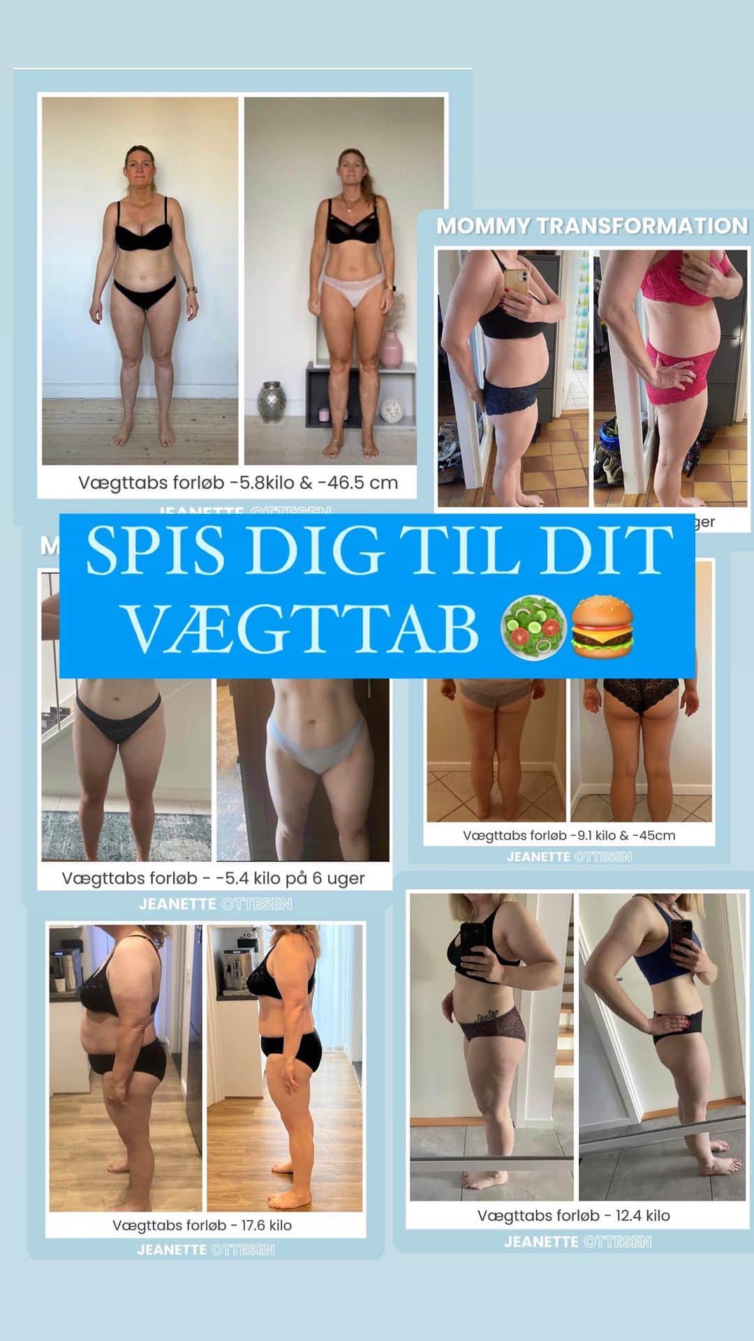 ヤネッテ・オッテセンのインスタグラム：「✅ Spis dig til dit vægttab 🥗🍔🥑🥪  Jeg har nu gennem snart 2 år været vidne til rigtig rigtig mange vægttab, som er lykkedes fordi der er blevet indtaget den helt rigtig kost, skabt overskuelig planer som er nemme at følge, og fordi den enkelte person har lært gennem hans/hendes forløb, hvordan man skaber den rette struktur der skal til for at opnå et solidt og vedvarende vægttab 💪🏽  Se lige alle de seje mommy’s jeg har under mine vinger💪🏽💪🏽💪🏽  De er seje fordi de har taget skridtet og gør noget aktivt for at opnå deres mål! - kæmpe respekt herfra!🔥  Ønsker du et vægttab? - det sker ikke ad sig selv, så lad mig hjælpe dig 🙏🏽   📲 Skriv dig op i formularen via linket min bio, hvis du skal have et skub og én til at holde dig i hånden hele vejen til målet 🏆♥️  #jeanetteottesencoaching 🫶🏽」