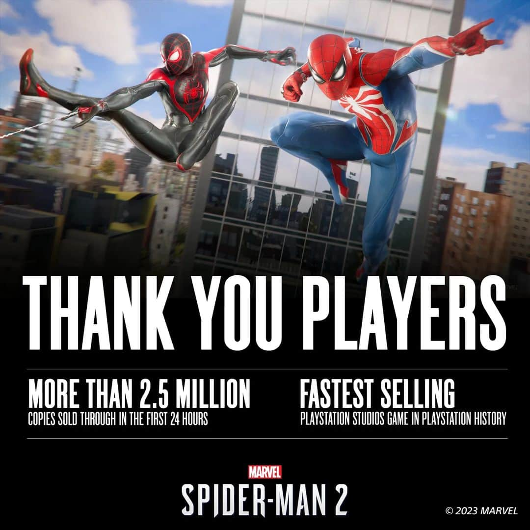 PlayStationのインスタグラム：「Great news, Spidey fans -- Marvel's #SpiderMan2PS5 has sold more than 2.5 million copies in the first 24 hours. Thanks for making this a high-flying launch!」