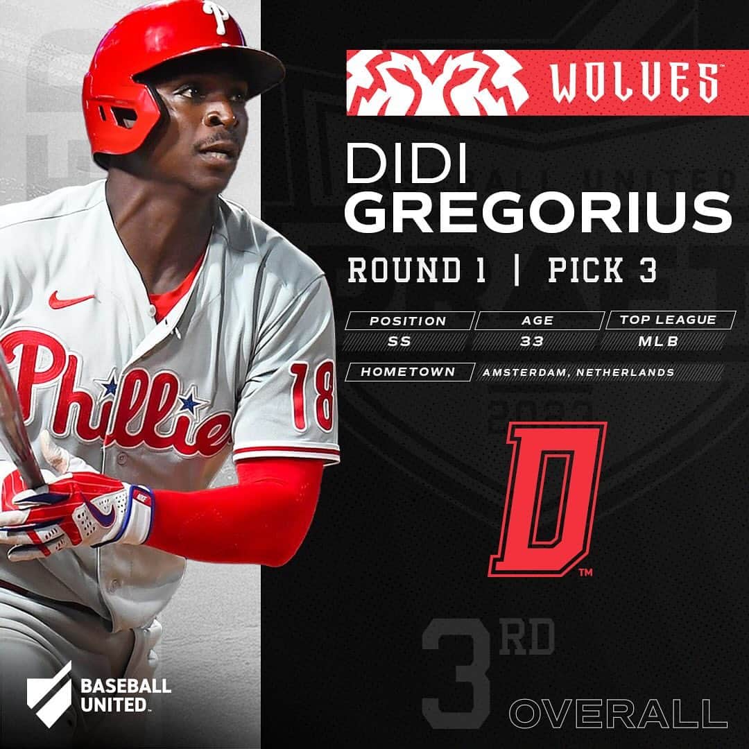 ディディ・グレゴリウスのインスタグラム：「With the 3rd pick, the @bu_wolves select Didi Gregorius (@sirdidig18), Shortstop, from Amsterdam, Netherlands.  Gregorius had three straight seasons with 20+ home runs with the New York Yankees and has collected a total of 999 hits in Major League Baseball. Gregorius played with the MLB Philadelphia Phillies in 2022.」
