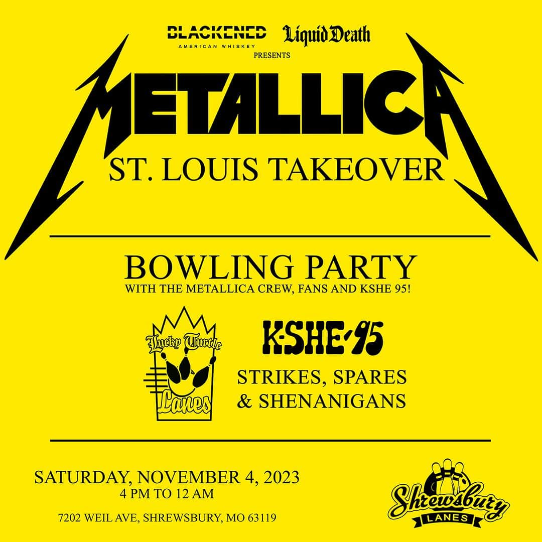 メタリカさんのインスタグラム写真 - (メタリカInstagram)「⚠ ST. LOUIS ⚠  Our friends at @kshe95 - Real Rock Radio are hosting a bowling party as part of our #M72STL takeover on Saturday, November 4 in between our two No Repeat Weekend gigs at The Dome!  Register for a chance to bowl NOW at KSHE95.com. Eight random people will be picked to bowl with the KSHE staff and our road crew. Each winner will also win tickets to Sunday’s show!  Even if you aren't selected - swing by to enjoy the event! Admission is free.」10月23日 23時00分 - metallica