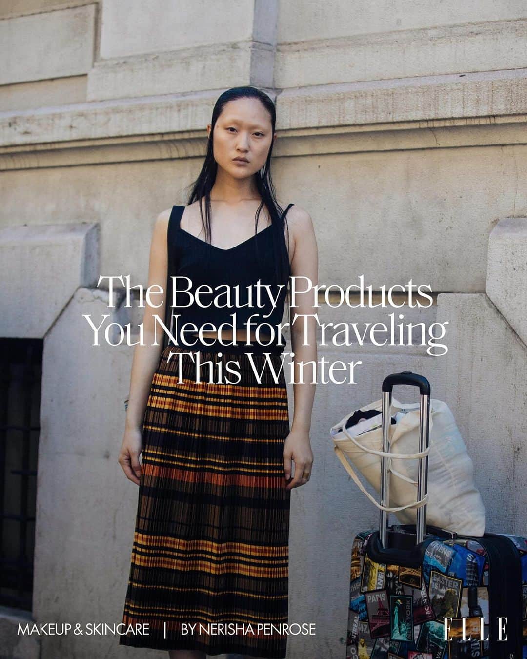 のインスタグラム：「Calling all beauty lovers! Welcome to First Class Beauty, an extensive guide to the best travel beauty products to carry on (or check) for your next adventure.   Curated and tested by ELLE.com’s beauty team and self-professed travel connoisseurs, @theislandiva and @girlnamednee, this guide highlights the best troubleshooters for your winter beauty woes, guaranteed to withstand any arid conditions you may encounter.   Tap the link in bio ahead of your next OOO adventure.」