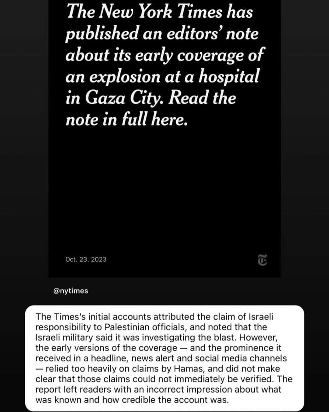 ジェシカ・サインフェルドさんのインスタグラム写真 - (ジェシカ・サインフェルドInstagram)「So, the New York Times is acknowledging that they left readers with “an incorrect impression”; the missile that killed innocent Palestinians at a hospital last week did not actually come from Israel. It came from a terror organization called Hamas. I also want to help them with this one line. Edit is in caps.  …”relied too heavily on claims by Hamas, A TERRORIST ORGANIZATION.   You left that part out.   Please share widely.  Full statement https://www.nytimes.com/2023/10/23/pageoneplus/editors-note-gaza-hospital-coverage.html?smid=nytcore-ios-share&referringSource=articleShare」10月23日 23時49分 - jessseinfeld
