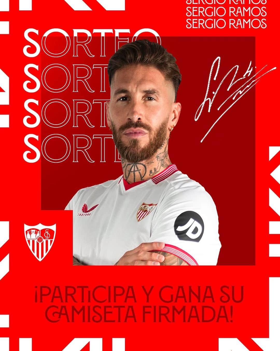 セビージャFCのインスタグラム：「📢 ¡SORTEO de una CAMISETA FIRMADA por SERGIO RAMOS! 🤍❤️  - Requisitos para participar:  👉 Seguir a @sevillafc  ❤️ Darle like a la publicación  ✍️ Mencionar a 1 amig@ en los comentarios  🚨 El sorteo estará activo hasta el próximo 30 de noviembre  🤞 ¡Mucha suerte, sevillistas!  #WeareSevilla #NuncaTeRindas #sevillafc」