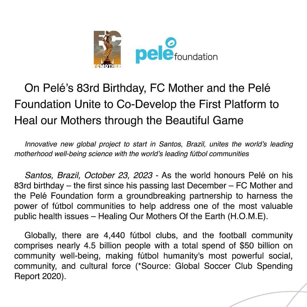 ペレさんのインスタグラム写真 - (ペレInstagram)「On Pelé’s 83rd Birthday, FC Mother and the Pelé Foundation Unite to Co-Develop the First Platform to Heal our Mothers through the Beautiful Game. . No 83º aniversário de Pelé, o FC Mother e a Pelé Foundation se unem para desenvolver a primeira plataforma de bem-estar do mundo, projetada para benefício e suporte de nossas mães através do Jogo Bonito.」10月24日 3時10分 - pele