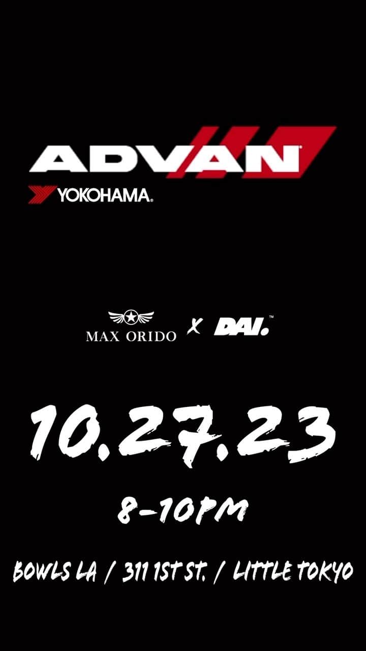 織戸学のインスタグラム：「Orido. Dai. ADVAN. A new capsule collection is coming this Friday, 10/27.   Designed in collaboration with Maaya Orido and Dai Yoshihara the collection will be available online at Yokohama’s E-store and at BOWLS LA in limited quantities. Save the date for a meet and greet with Maaya, Dai and a special guest. First come first served, no RSVP required!   Stay tuned for more updates.   @maaya_orido_559 @maxorido @daiyoshihara @duspeed  #yokohamatire #ADVAN」