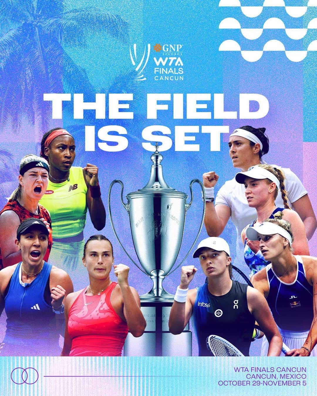 WTA（女子テニス協会）のインスタグラム：「Eyes on the FINAL prize 🏆  The @wtafinals field is set 🔒」