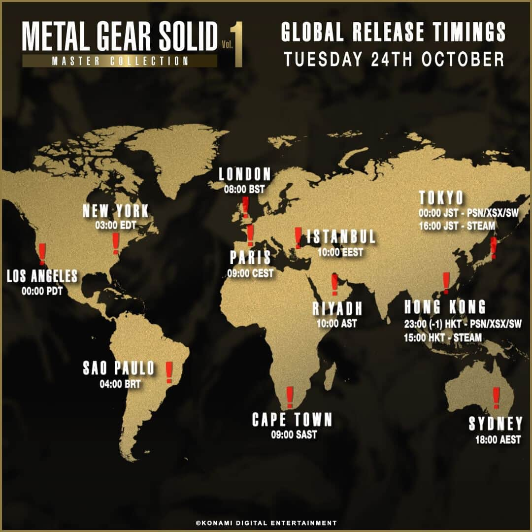 KONAMIのインスタグラム：「❗ #MGSVol1 release timings confirmed!  The game will be live in the US tomorrow at midnight PDT. Set your alarms, it's almost time to get back into the action! ⏰📦  #metalgearsolid #metalgear #konami #whattoplay #metalgearsolidcollection」