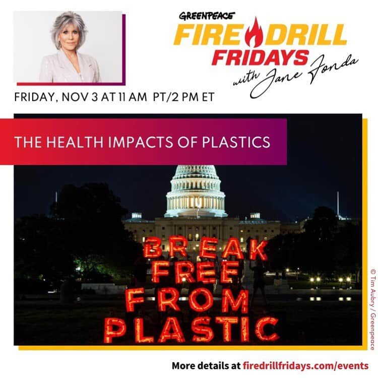 ジェーン・フォンダのインスタグラム：「Repost from @firedrillfriday • Are you ready to talk about plastics? Here’s the truth: they are in our air, water, food, and even bodies! Science is showing that — unsurprisingly — this is likely a BIG problem for our overall health.⁣ 👥 ⁣ So what do we do with this info? Join actor and activist, Jane Fonda, for a conversation with experts and activists about how plastics could be affecting us and what we must do about this global health crisis.⁣ 👥 ⁣ Featuring: Leonardo Trasande, MD, MPP (Director, NYU Langone Center for the Investigation of Environmental Hazards) and Bonnie Wright (Actor, Writer, and Climate Justice Advocate). ⁣ 👥 ⁣ We will see you LIVE on Friday, November 3 at 11am PT / 2pm ET on firedrillfridays.com, the FDF Facebook page, Greenpeace USA Twitter, or Greenpeace USA YouTube.⁣ 👥 ⁣ Sign up today at the link in our bio.⁣ 👥 ⁣ #FireDrillFridays #GreenpeaceUSA #JaneFonda #Climate #Plastic #Oceans @janefonda @firedrillfriday @greenpeaceusa @leotrasande @thisisbwright」