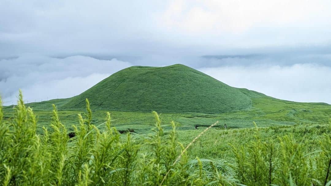 のインスタグラム：「In total, 440 volcanoes dot the Japanese archipelago. Of these, 111 are classified as currently active. The specific mechanisms of local geology meant that only 12 of these volcanoes developed into calderas — the concave landform left behind when a subterranean magma chamber empties, causing the ground above to collapse. Rare as these might be, none are quite like the Aso caldera. Read more via the link in our bio.  📸: Owen Ziegler  #volcanoes #Kyushu #Aso #travel #Japan #Japantravel #cycling #hiking #nature #kyushutravel #九州 #火山」