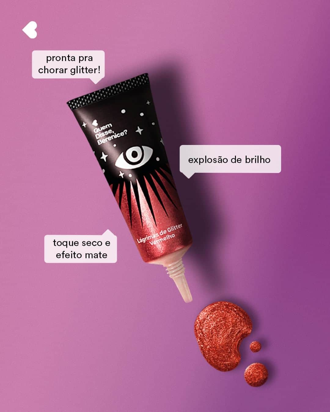 quem disse, berenice?のインスタグラム：「meu novo lançamento de Halloween é de chorar, mas com glitter! com efeito mate e toque sequinho, as Lágrimas de Glitter podem ser aplicadas em todo o rosto, olhos e corpo. a dica pra arrasar nesse #HalloweenBere é usar o produto como sombra também.   #PraTodosVerem: o post é único com o fundo roxo com o produto Glitter Multifuncional Vermelho Lágrimas de Glitter e o texto: "pronta pra chorar glitter! // explosão de brilho // toque seco e efeito mate". Fim da descrição.」
