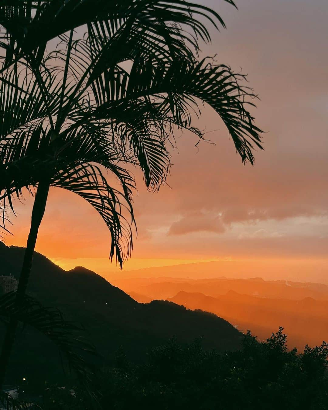 Rihwaのインスタグラム：「九份の夕陽🌇 霧雨の一粒一粒にオレンジ色が溶けて、空が、街が、全てがオレンジ色に染まっていった。 きっと私も、そのオレンジの一粒だったに違いない！ ほんの5分くらいの出来事だった。 It was such a magical moment in Jiufen.🇹🇼🌇  #九份 #台湾」