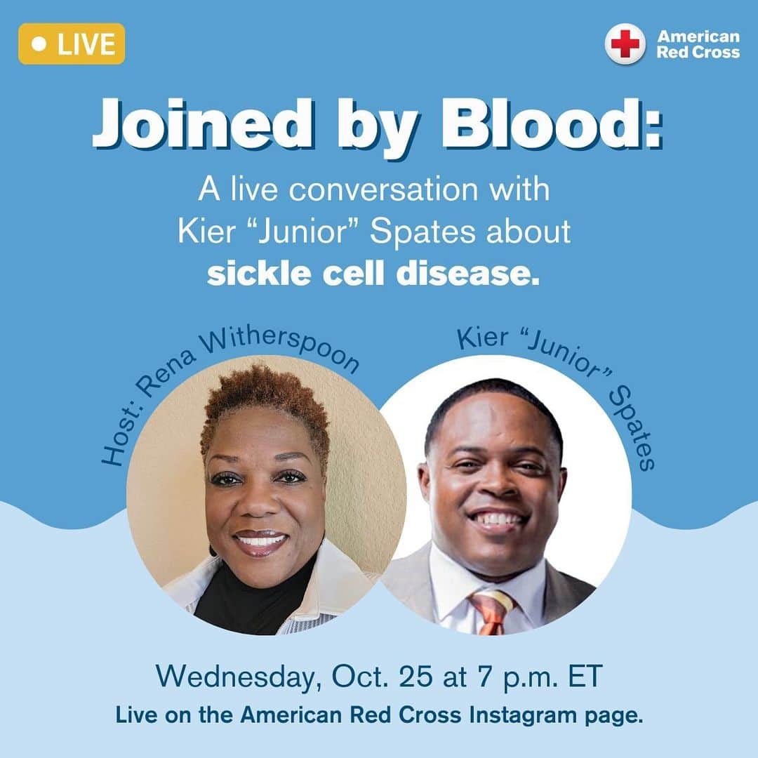 ネーブ・キャンベルのインスタグラム：「Join us for a live conversation with comedian Kier “Junior” Spates of the Steve Harvey Morning Show this Wednesday, Oct. 25 at 7 p.m. ET.  Hosted our own Rena Witherspoon, @JuniorSHMS will share about his life, career and journey with sickle cell disease, as well as the impact of community support on people with sickle cell disease. Tap on "Remind me" to get a reminder notification about this upcoming event! #JoinedByBlood #TeamUp4SickleCell  #SickleCellDisease #SickleCell #SickleCellAwareness #SickleCellWarrior」