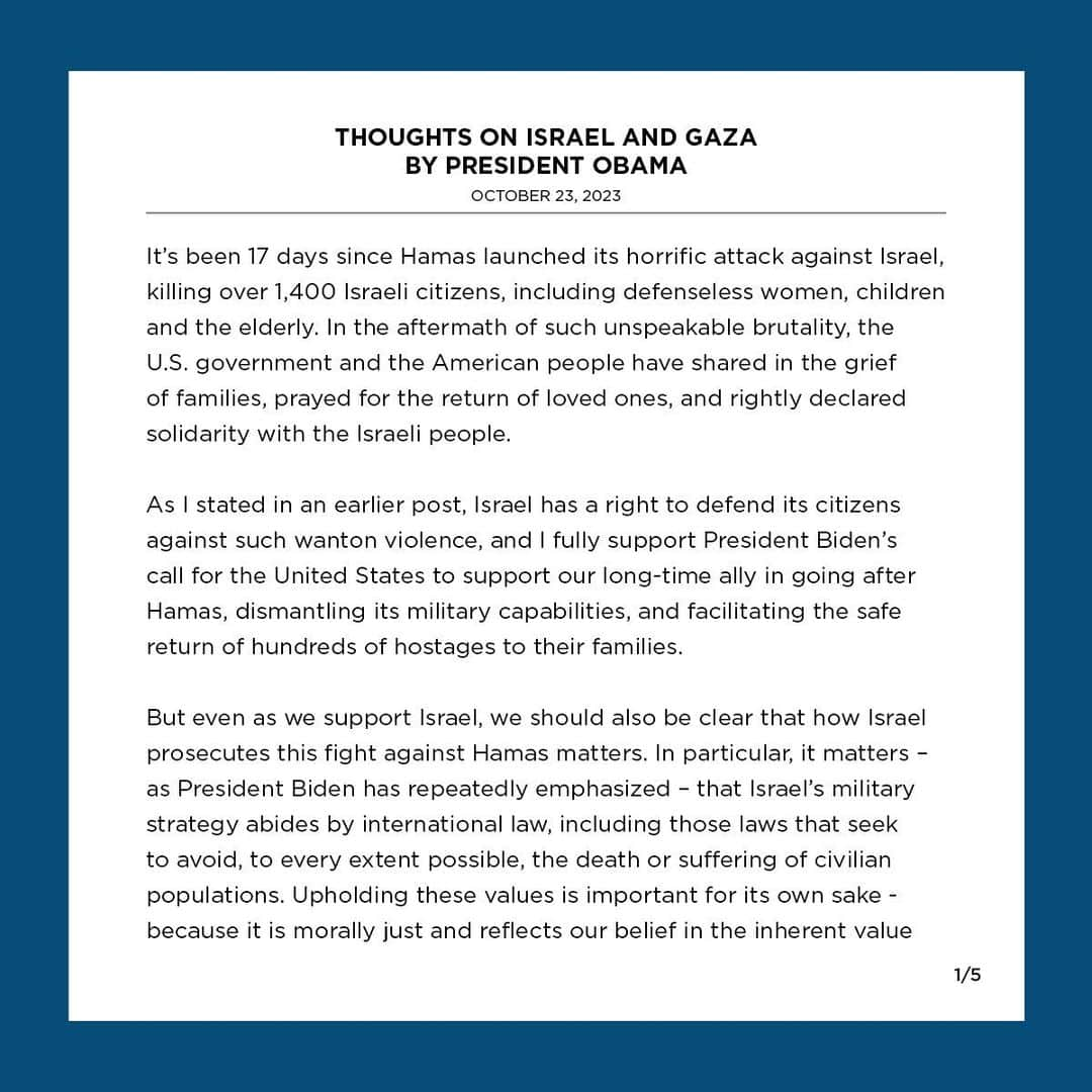 Barack Obamaのインスタグラム：「I wanted to share some thoughts on what’s happening right now in Israel and Gaza.」