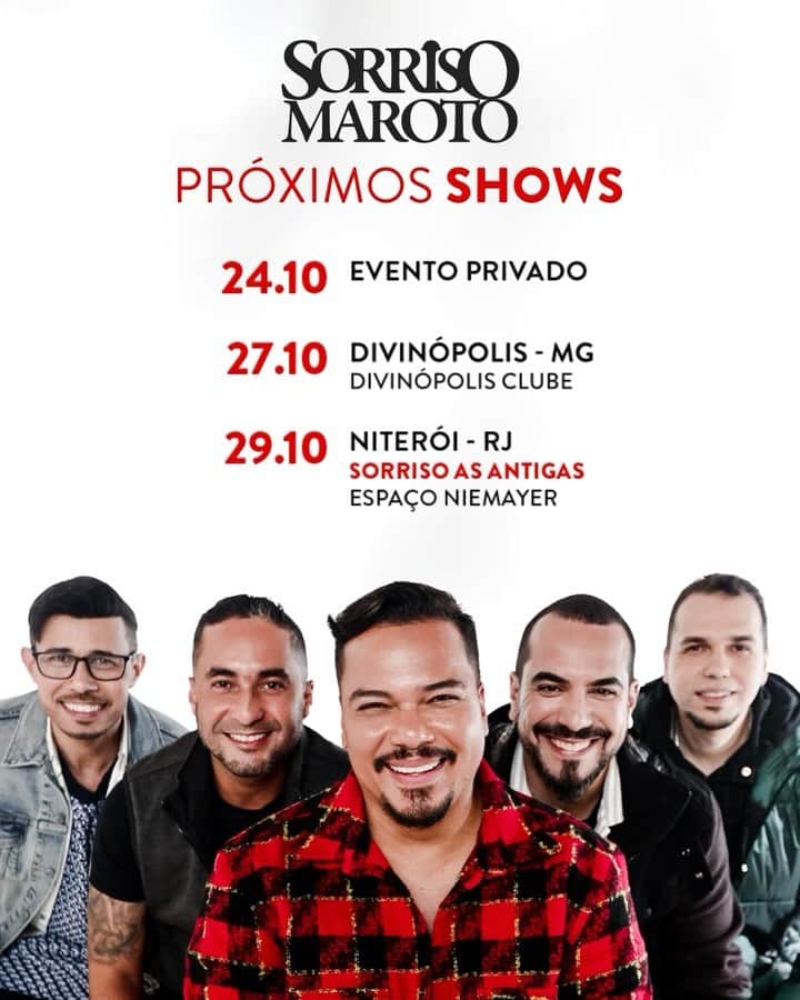 Sorriso Marotoのインスタグラム：「Bora pra última semana de shows em Outubro!✌🏽E aí, a gente te vê em Divinópolis ou na edição Niterói do @sorrisoasantigas? ♥️  📍Link de ingressos na bio」