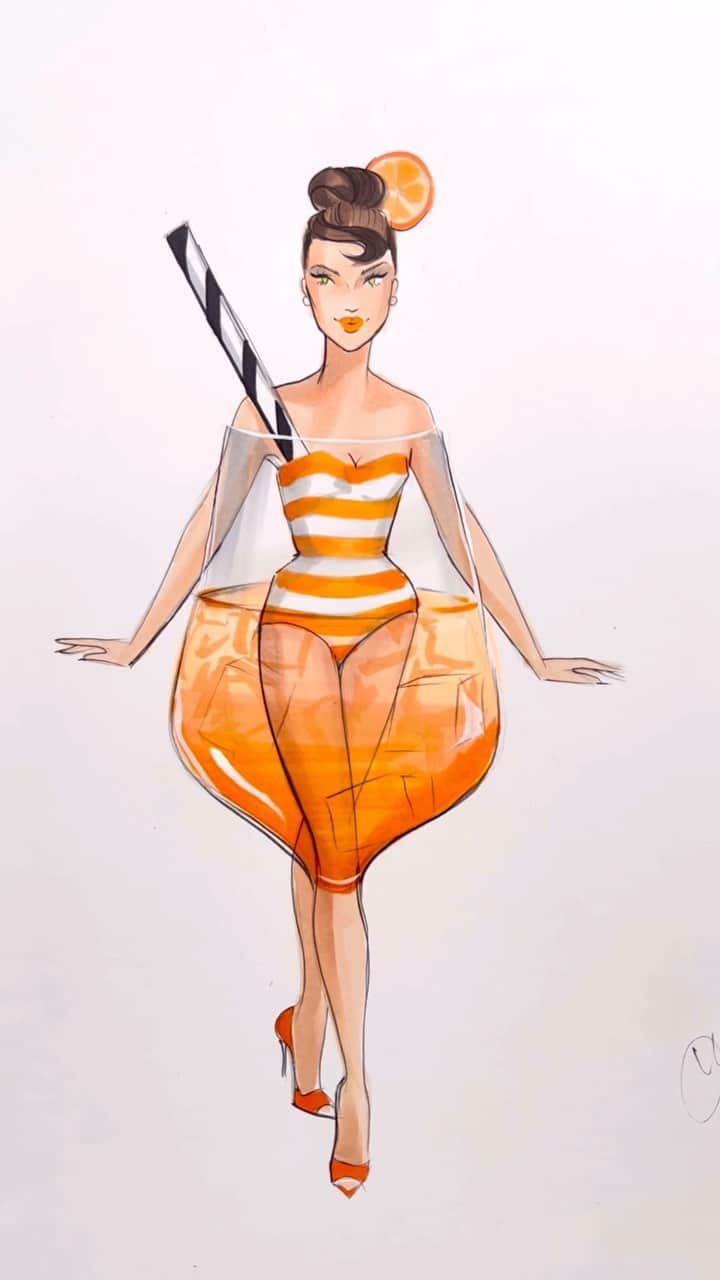 Holly Nicholsのインスタグラム：「Prendo uno spritz, per favore 🥰🍹#aperolspritz #spritz #asmr #fashionillustration #copic #copicmarkers #illustration #italy #ravello #amalfi」