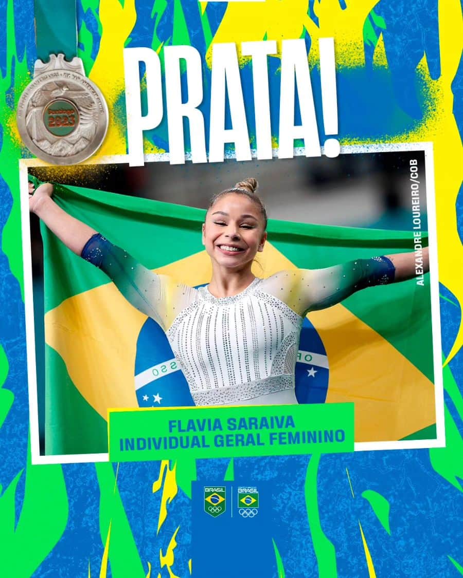 フラヴィア・サライヴァのインスタグラム：「PRATA PARA FLAVIA SARAIVA! 🥈🤸‍♂️  Brasileira faz grandes apresentações, soma 54.565 pontos e conquista a prata no individual geral feminino no Pan de Santiago! 🇨🇱  PERFEITAAAA! 💚💛  📸: @alexandreloureiroimagens /COB  Jogos Pan-americanos Santiago 2023 AO VIVO ▶️: YouTube.com/TimeBrasil 📺: canalolimpicodobrasil.com.br  #TimeBrasil #TimeBrasilEmSantiago #Santiago2023 #GinásticaArtística」