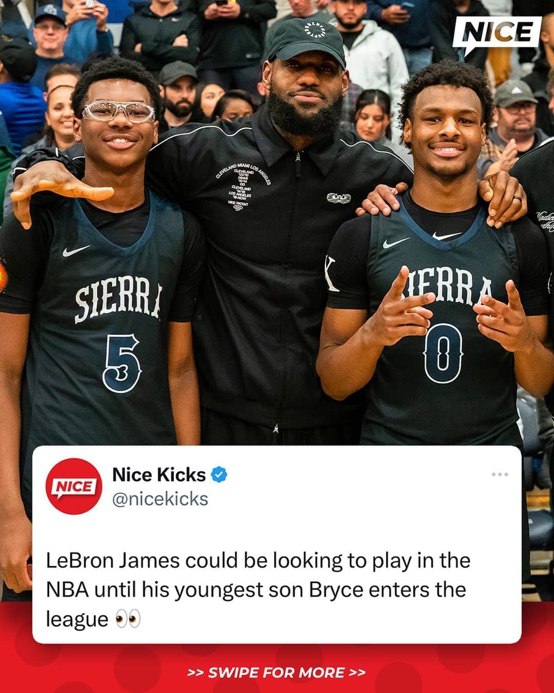 Nice Kicksのインスタグラム：「In a new @beatsbydre ad narrated by his wife Savannah James, she motivates LeBron by telling him, “𝒀𝒐𝒖’𝒓𝒆 𝒏𝒐𝒕 𝒅𝒐𝒏𝒆 𝒖𝒏𝒕𝒊𝒍 𝒚𝒐𝒖 𝒑𝒍𝒂𝒚 𝒘𝒊𝒕𝒉 𝒚𝒐𝒖𝒓 𝒔𝒐𝒏 (𝑩𝒓𝒐𝒏𝒏𝒚). 𝑻𝒉𝒆𝒏 𝒅𝒐 𝒕𝒉𝒂𝒕, 𝒂𝒈𝒂𝒊𝒏 (𝒘𝒊𝒕𝒉 𝑩𝒓𝒚𝒄𝒆).” @nicekickshoops   Bronny is NBA Draft eligible in 2024 followed by Bryce in 2026. Could Bron be playing in the league at 43 years old? 👀🤔」