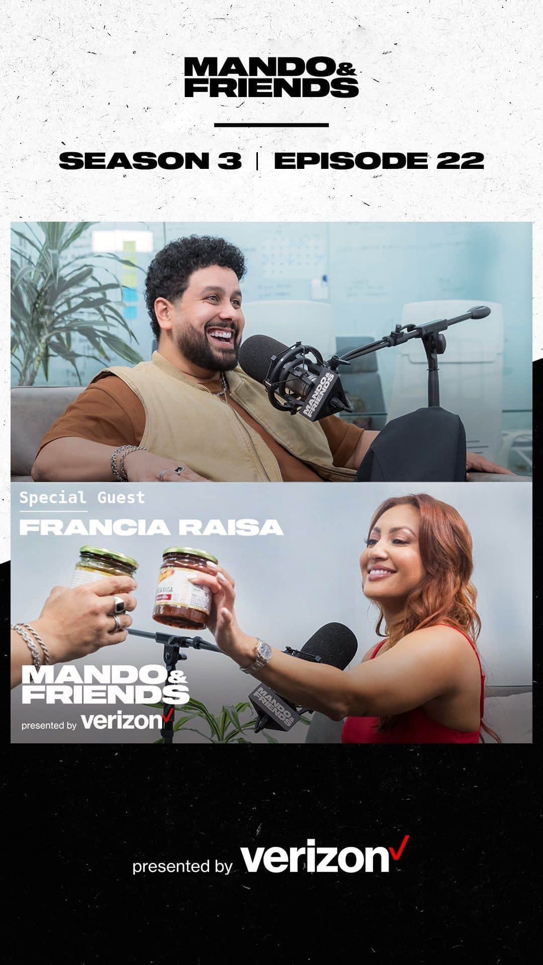 フランシア・ライサのインスタグラム：「What’s in the salsa @franciaraisa? 🤨🌶️  Francia is back on Mando & Friends! She’s here to talk about her entrepreneur journey as she releases her modern take on grandma’s salsas (they’re fire)! Watch and listen to M&F season 3, episode 22 - presented by @verizon now streaming (link in bio)! 🎙️📺」