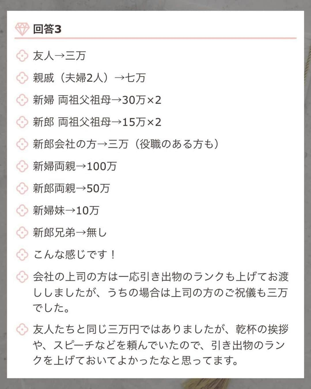 プレ花嫁の結婚式準備サイト marry【マリー】さんのインスタグラム写真 - (プレ花嫁の結婚式準備サイト marry【マリー】Instagram)「結婚式のご祝儀の額について。  友人は、ほぼ固定で3万円を包むのがもはや常識のような感じですが…  上司や親族など、目上の方からのご祝儀の金額が、実際に幾らくらいだったのかって気になりませんか…？  実際に花嫁さんが包んでもらったリアルな額を、匿名でご紹介します👛  投稿では一部をご紹介していますが、marryの記事では全ての方の回答が見られます。 @marryxoxo_id のプロフィールのURLに【13795】と入力すると記事が見られます📝  ⁡ ♡♥♡♥♡ ⁡ このアカウントは marry（@marryxoxo_wd）が運営しています💍 ⁡ ⁡ おすすめ記事や人気記事をピックアップして投稿🪄 ⁡ 気になるテーマの投稿を見つけたら、 記事IDをプロフィールのURLに入力してください🤍 ⁡ サイトTOPは @marryxoxo_wd のアカウントの プロフィールURLから🪞 ⁡ ⁡  #結婚式準備#ご祝儀#ご祝儀袋#結婚祝い#結婚内祝い#結婚祝いのプレゼント#引き出物#引出物#引菓子#引出物宅配#引き出物宅配#カタログギフト#引き出物選び#引き出物問題#結婚祝いギフト#結婚祝いサプライズ#内祝い#結婚式#結婚式お呼ばれ#お呼ばれ結婚式」10月24日 19時47分 - marryxoxo_wd