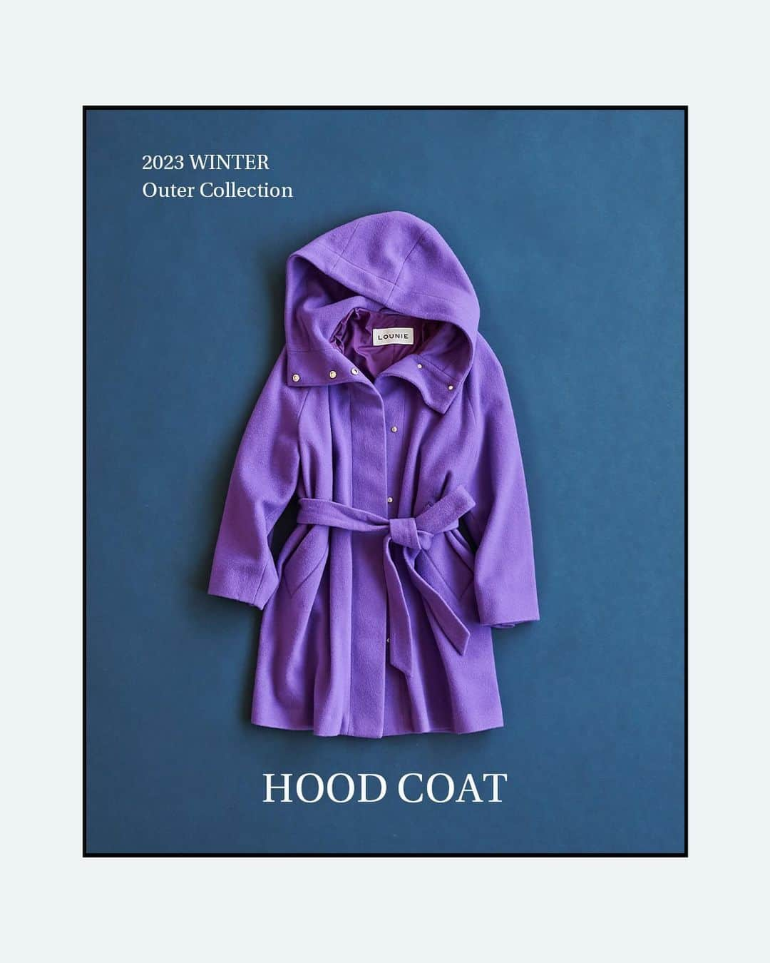 LOUNIE（ルーニィ）のインスタグラム：「_05 MID LENGTH HOOD COAT  ウエストマークで メリハリスタイリング！ 高品位ウールを使用した 軽やかフードコート  今季注目カラーのパープル。  ウエストマークをしてハンサムなスタイリングでも、  バサッとラフに羽織るスタイリングでも洒落る。  📌OUTER FAIR 10/20(金)～11/12(日)の期間中 対象アウターもしくは44,000円以上お買い上げで 「オリジナルスパンコールポーチ」をプレゼント。 ※なくなり次第終了となります。  #LOUNIE#ルーニィ  #コート#ノベルティフェア #パープルコーデ #きれいめコーデ #通勤コーデ」