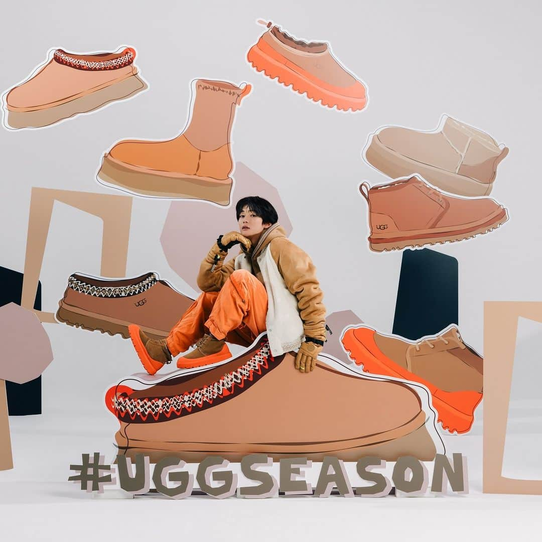 UGGのインスタグラム：「【#UGGシーズン キャンペーン終了まであと1週間！】  雨の日でも履けるオールジェンダーの「Neumel Weather Hybrid」はオレンジの差し色がキュート。 Tasman Hoodie の上にTasman Varsity Jacket を羽織ればUGG®らしいチェスナットカラーのコーデの出来上がり！ 特に肌寒い日はShasta Gauntlet Gloveで手を温かく包み込もう！  @fumiya_0_3_1_2  【#UGGシーズン キャンペーン応募方法 】 1.UGG®JAPAN公式Instagramアカウント、 またはTikTokアカウントをフォロー 2.秋冬にぴったりなUGG®の商品写真や、 UGG®アイテムを使った秋冬コーデの紹介画像や動画など、秋冬らしいUGG®アイテムが登場する画像または動画を撮って、2つのハッシュタグ「#UggSeason」「#UGGシーズン」 をつけてInstagramのフィードまたはリール、TikTokで投稿!   ■対象商品: 秋冬コーデに合うUGG®のアイテム ■期間: 9月23日(土)~10月31(火) ■賞品:抽選で合計10名様に UGG®の小物やアパレルアイテム / 合計２名様に高橋文哉さんのUGG SEASONメッセージ入りポラロイド写真プレゼント！   #高橋文哉 #UggSeason #UGGシーズン #FeelsLikeUGG #UGGJapan #アグ」