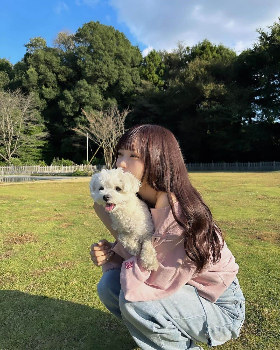 小林莉奈のインスタグラム：「. 今日はバースデーガールをドッグランに連れてったよ🐶🤍  ずっと近くいるし走り回ってくれないしやっぱり ドッグラン苦手おこめちゃんだったけど、 他のわんちゃん来たら楽しそうに走り回ってて可愛かった^>~<^  ケーキはお口に合わなかったのかあんまり食べてくれなかったけど、 そんなワガママで気分屋な人間みたいなおこめちゃんも可愛いね🤦🏻‍♀️」