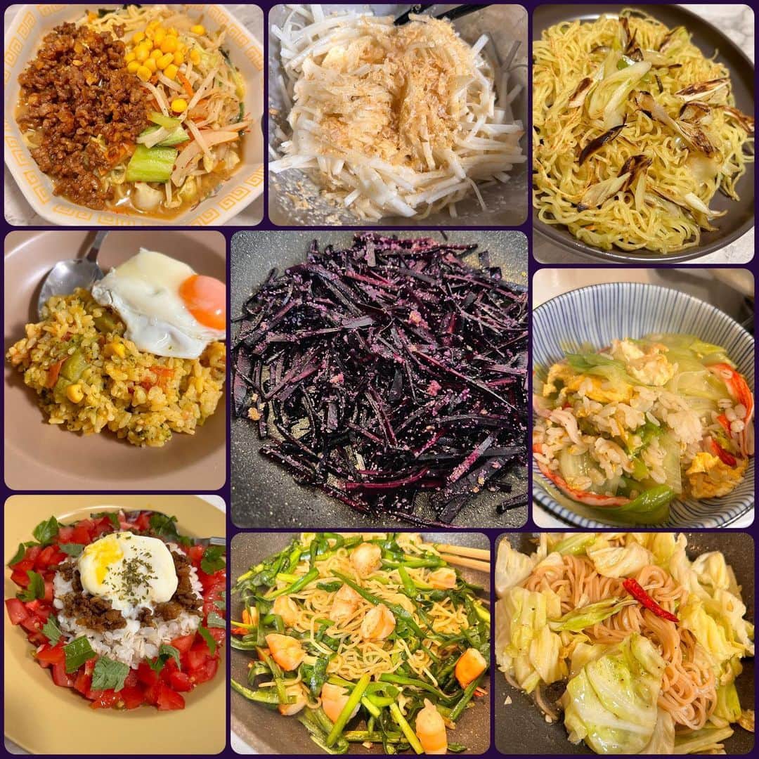長江里加のインスタグラム：「#りかちまる飯 7月の飯🍚 朝と夜が寒い！ 11月目前！冬！！ おでん食べたくなってきた。 無性にこんにゃくが食べたい！！ よーいドン！ ⁡ ⁡ ✱味噌ラーメン ⁡ 今まさに食べたいやつーー！ 市販の味噌ラーメンに、野菜とお肉を足しました。 美味すぎる。しか、言えん。 カット済み野菜を使っているということは、 早く食べたかったんだろうなと見て取れる。 ⁡ ⁡ ✱よくわかんないリゾット ⁡ これは何味なんだ？ トマトとレタスとコーン あ！思い出した！ レタスじゃなくて、ブロッコリーと、 トマトを丸ごと入れた炊き込みご飯だ！！ カレー粉も入れた気がするよ。 あんまり美味しくできなかったから、 目玉焼きを乗せたんだろうなと見て取れる。 ⁡ ⁡ ✱ねぎ塩焼きそば ⁡ 具はネギだけ！ 香ばしく甘くなるまでよ〜く焼いてね🍳 ネギだけなのにとんでもなく美味しい！ 味付けは、市販の塩焼きそばの粉だよ。 私はいつも半分だけ入れる！ 多めに入ってるから全部入れると濃いよね！ 特に今回はネギしか入ってないから、 本当に薄い味付けで充分👌 残った粉で、他の炒め物に使ったり、 蒸し麺だけ買ってまた焼きそば作ったりしてるよ。 ⁡ ⁡ ✱レタスカニチャーハン ⁡ 王道うまい。 味付けは、BBQで残ったスパイス塩 本当に美味しい。 スパイス塩ひとつでこんなに幸せになれる。 お米はほぼ入れてなくて、 レタスを消費するために作ったのでほぼレタス！ 火を通すとたくさん食べれちゃう！ ⁡ ⁡ ✱でた！悪魔のにんじんしりしり ⁡ 沖縄の黒にんじんで作った、 明太子にんじんしりしり。👿 前も載せたけど、本当に硬いし土っぽいので、 調理に工夫が必要だ！ 沖縄の人はこの黒にんじんをどうやって食しているのだろうか。 ポリフェノール豊富っぽいよね見た目的に！ ⁡ ⁡ ✱エスニック風やきそば ⁡ 大量のニラの消費のため！ プラス海老、ナンプラーでエスニック風に🦐 ベースはいつもの塩焼きそば。 ナンプラー大好きなんだよね、大好き。 醤油と同じ要領で使ってるよ！ な〜んでもかけちゃう！ ⁡ ⁡ ✱スーパー麺ペペロンチーノ ⁡ もっちもちのスーパー麺！！ 本当にどハマり！！教えてくれた知葉ちゃんありがとう！！ こちら玄米麺です🌾 調べたら、小麦アレルギーの息子のために、その父が開発したものらしい！ 泣ける。 私はアレルギーを持っていませんが、 このスーパー麺が大好きです！！ 作り方割愛！ ⁡ ⁡ ✱大根サラダ ⁡ 生で食べる大根って美味しいよね〜。 辛くない部分は上の方だよ✩ ポン酢にお好みでマヨ、すりごま、鰹節 和えるだけで簡単おつまみサラダ！ 昔からよく食べてる、たぶん、お母さんが作ってくれていた、はず、あれ？記憶が曖昧だ！ 細く薄く切れば切るほど、 味付けは少量で済むよ〜♪ ⁡ ⁡ ✱タコライスだと思う！ ⁡ 大事なレタスがない代わりに、 その場しのぎの大葉が散りばめられている！ うまいからよし！ ソースケチャ味の挽肉玉ねぎニンニク炒めが、 うまくまとめてくれる👍 むしろそれだけでも充分おいしい。 よく混ぜて食べるよ😋 ⁡ ⁡ ⁡ ふぅ〜！ 相変わらず食を楽しんでる🌈 でも最近は、ひなちに貰った大量のどん兵衛PROを嗜んでいるよ🤤 私が誕生日プレゼントに欲しいって言ったら買ってくれた🤣💕やさし〜うれし〜 次の投稿から徳島旅行の写真載せよかな⭐️ ⁡ めでたしめでたし飯うまし #りかちまる飯 ⁡ ⁡ ⁡ ⁡ ⁡」