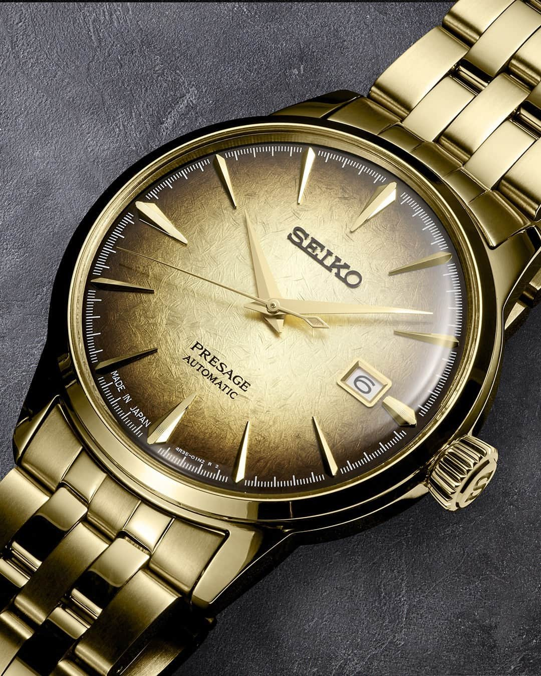 Seiko Watchesのインスタグラム：「What Time Is It?  Presage Cocktail Time! 🍺 - Inspired by craft beer cocktails, the dial of #SRPK48 has a rich gold to brown radial gradation and a distinct pattern for both halves of your style palette.  #Seiko #Presage #CocktailTime」