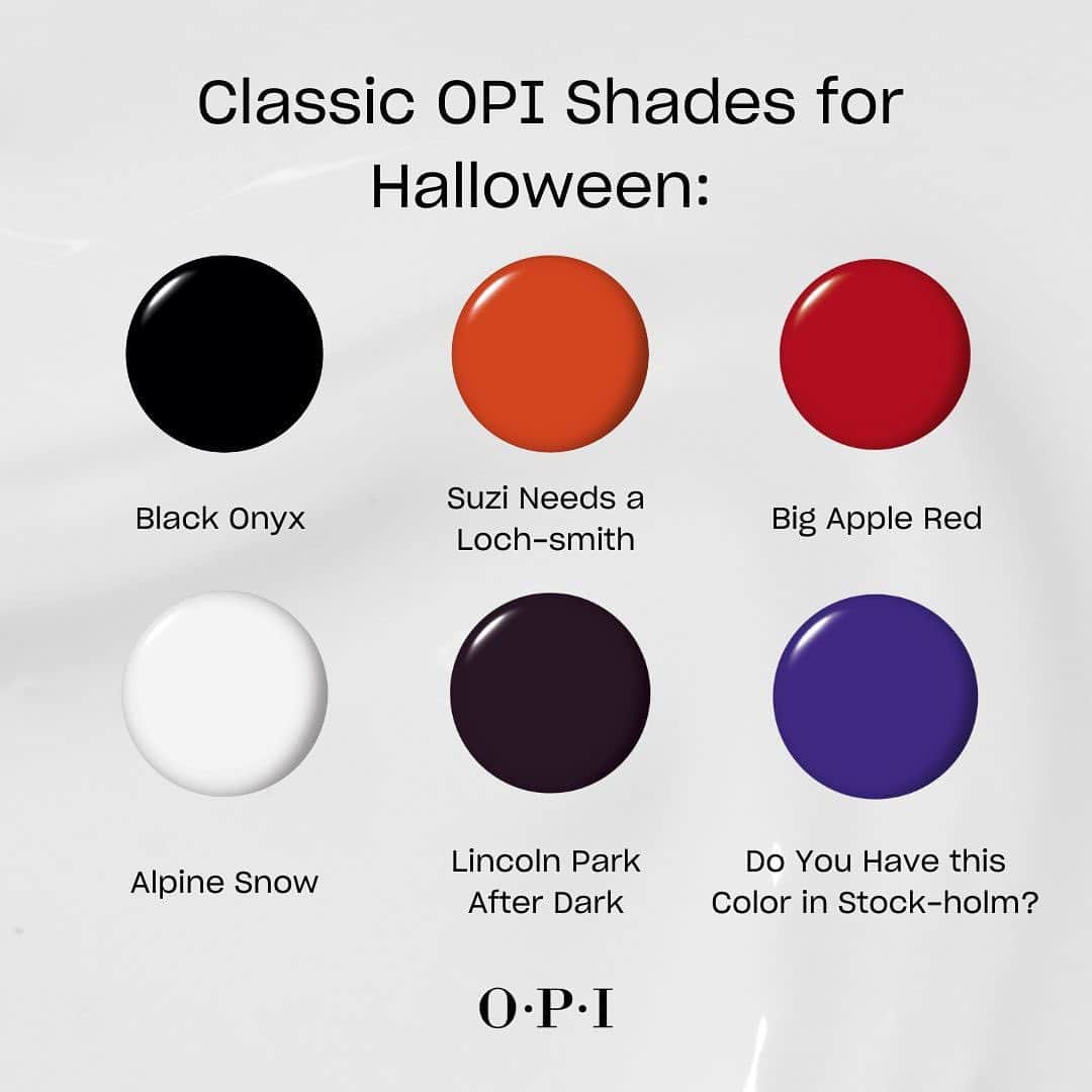 OPIのインスタグラム：「Dark and devilish or bold and bewitching? 🦇🩸 Whatever your vibe, creep it real in these iconic Halloween hues.   Swipe to find the perfect shade to nail your costume this year. ▶️  #OPI #OPIObsessed #HalloweenNails #spookynails #blacknails #rednails」