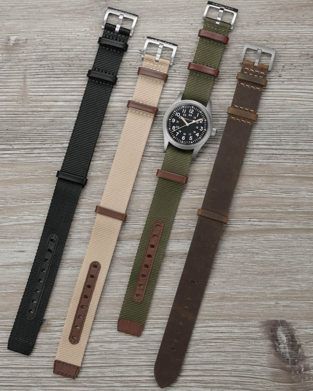 Hamilton Watchのインスタグラム：「Staying true to our military heritage, the original soldier's watch now comes with three rugged, NATO straps that are built to last. Choose between Beige, Khaki and Black to give your Khaki Field Mechanical a seriously stylish upgrade.  #hamiltonwatch #strap #nato #watch」