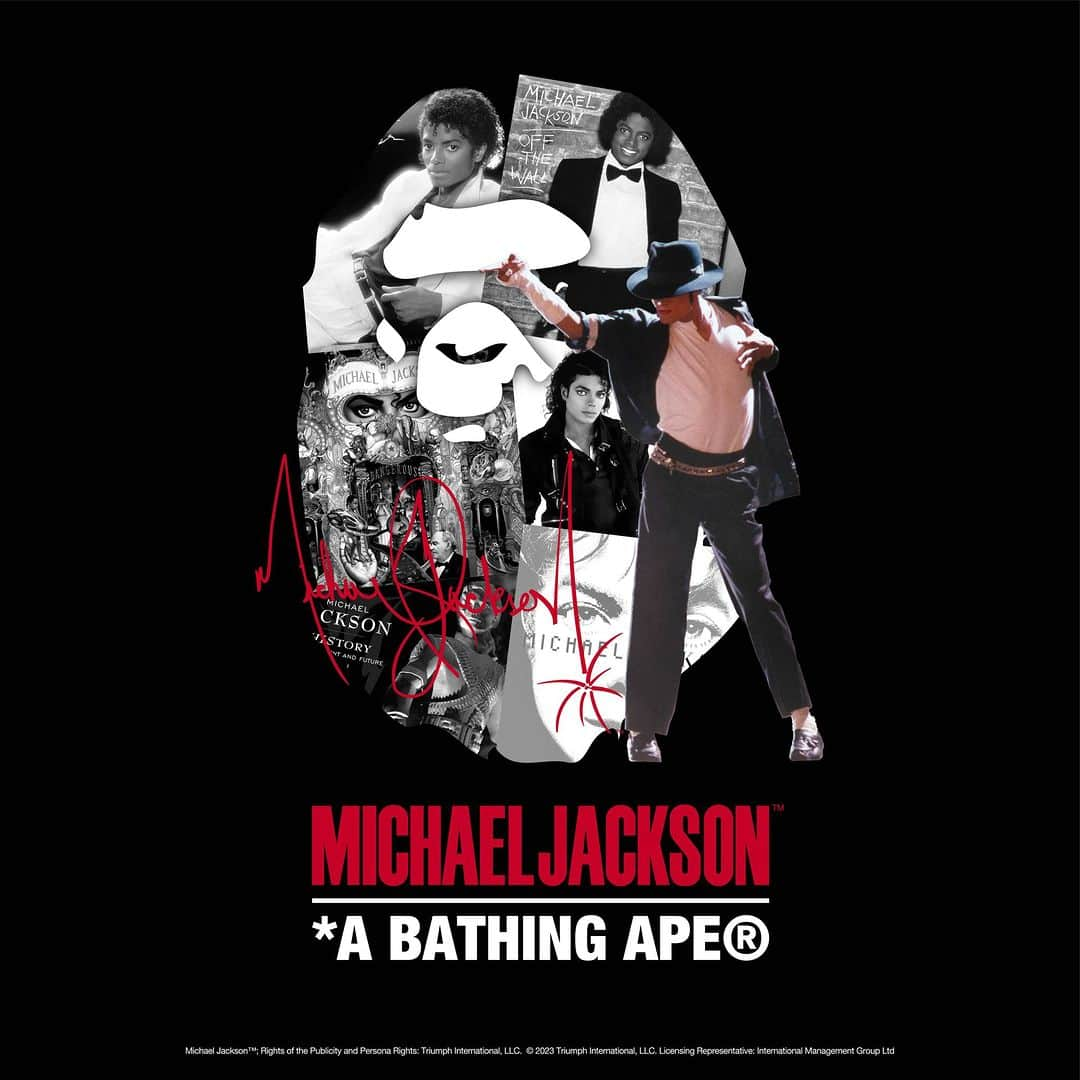 ア ベイシング エイプさんのインスタグラム写真 - (ア ベイシング エイプInstagram)「A BATHING APE® announces its collaboration with Michael Jackson, the "King of Pop™".  The lineup includes T-shirts, long sleeve T-shirts, sweatshirts, and varsity jackets.  The collection features unique graphics, including Michael in an iconic image that, among other things, appeared on the cover of the album "KING OF POP" with an eye-catching APE HEAD collage of his album covers as the backdrop, Michael performing "the lean " with his white suit replaced by a BAPE® CAMO suit, and an animated Michael along with BABY MILO® and friends dancing.  The limited-edition varsity jacket, inspired by the jacket worn by Michael in his short film "Thriller", will also be available, limited to 50 pieces worldwide.  The collection will be available from October 28, 2023, at authorized A BATHING APE® stores and BAPE.COM WEB STORE.  #bape #abathingape #babymilo #MichaelJackson #Kingofpop」10月24日 22時00分 - bape_japan