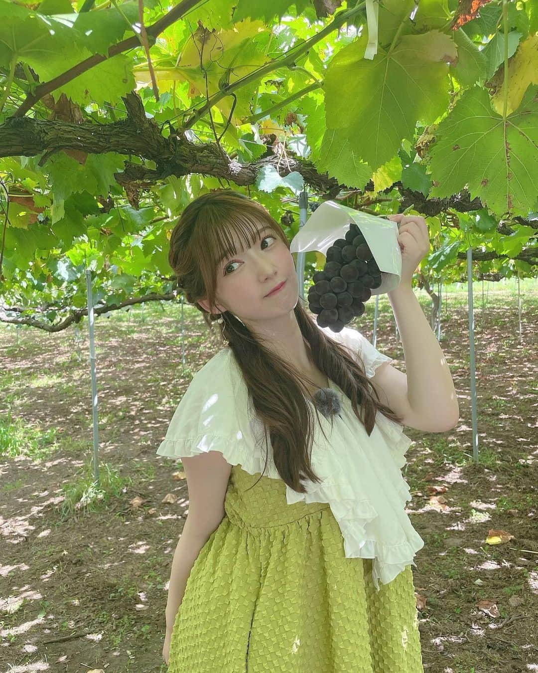 山岸理子さんのインスタグラム写真 - (山岸理子Instagram)「* 🍇🍇💚 ⁡ ⁡ みんなで巨峰狩りしたよ🌳 ⁡ ⁡ #tsubaki_factory #山岸理子 #Dマガみてね #灼熱ライブの前日だったな  #山梨のぶどう最強 #マスカットカラーの服  #💚」10月24日 22時21分 - riko_yamagishi.official