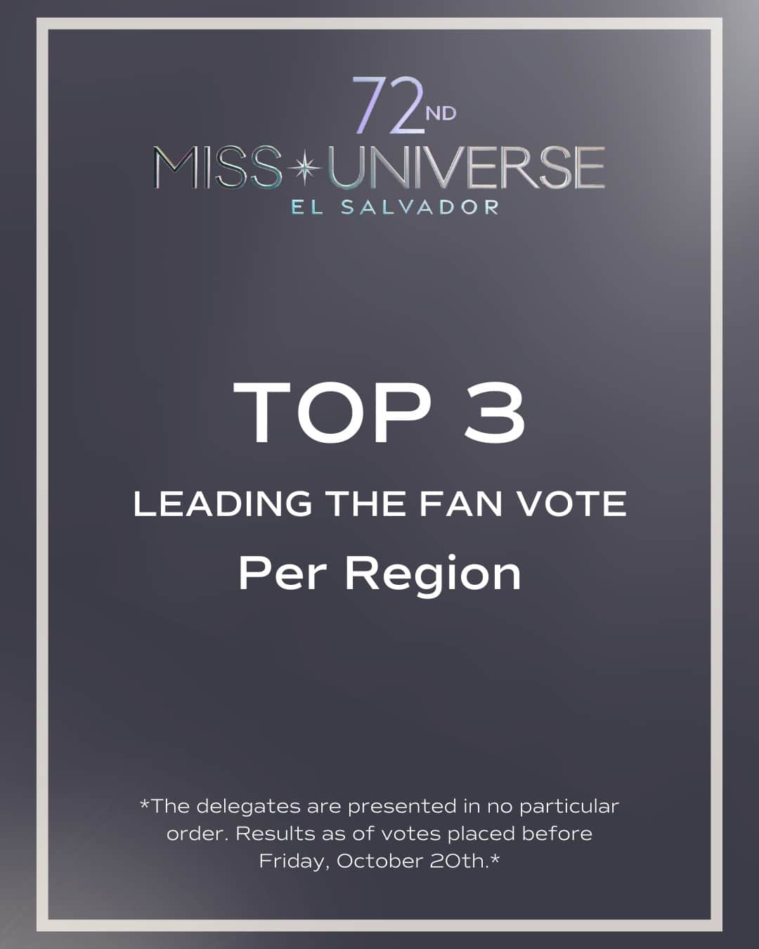 イリス・ミトゥネールのインスタグラム：「Sneak peek! 👀⁠ ⁠ Please see the Top 3 Delegates in their regions as of Friday, October 20th! They are presented in random order within their regions and wow - it is a close race! Keep voting if you want to help your delegate make it into the semifinals!」