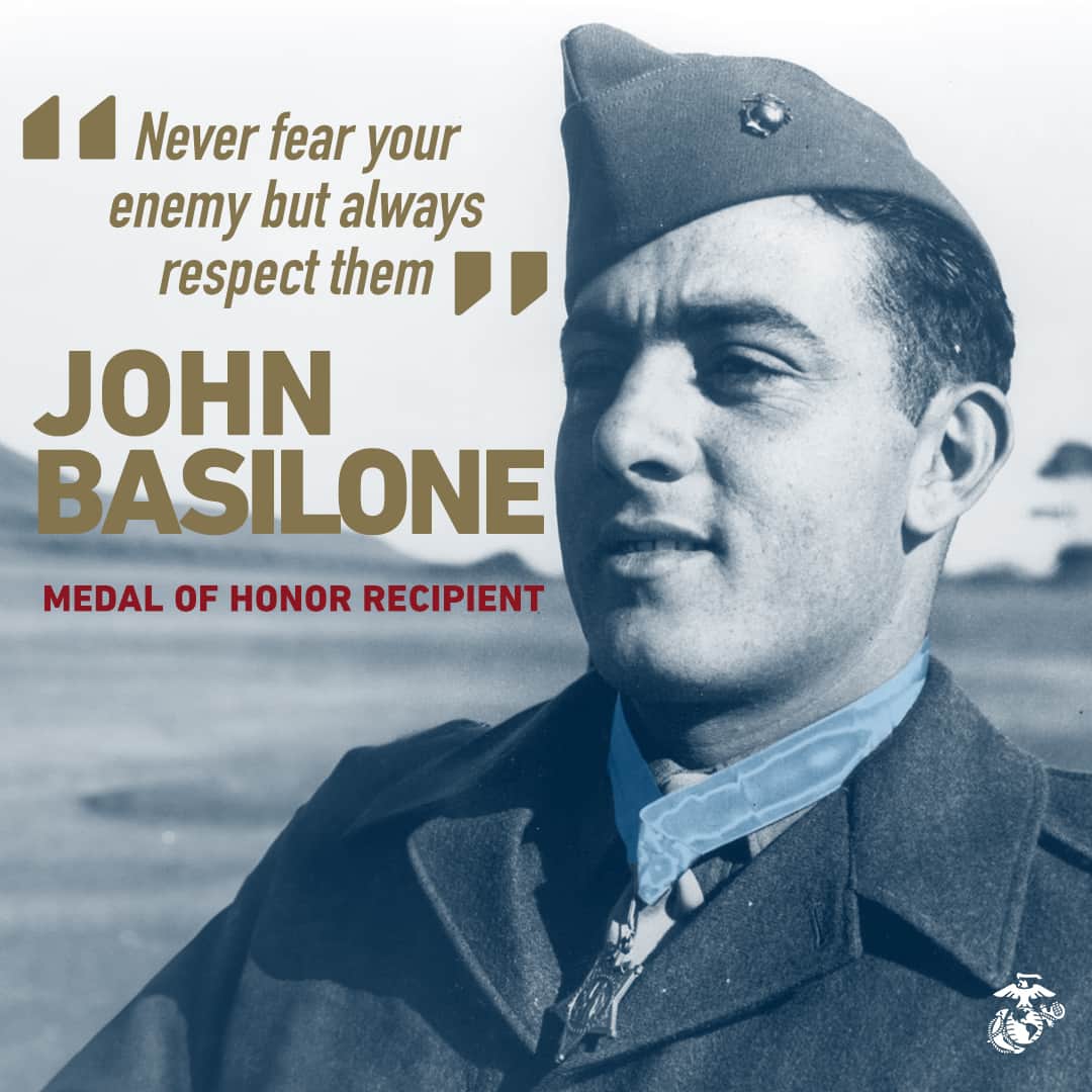 のインスタグラム：「#OTD in 1942, Sgt. John Basilone’s actions in the Solomon Islands would forever establish him as a hero and example for all Marines.   On Oct. 24th and 25th, Sgt. Basilone’s two heavy machine gun sections from Dog Company 1/7 were under intense enemy fire. Throughout the battle, Sgt. Basilone rallied his Marines, aided the wounded, personally manned and repaired machine guns, and maintained command and control in an incredibly chaotic and violent environment.   Sgt. Basilone was awarded the Medal of Honor for his leadership and courage, which were instrumental in repelling the enemy assault and inflicting heavy casualties.   On Feb. 19, 1945, Gunnery Sgt. Basilone was killed in action leading an assault on the beaches of Iwo Jima.   Gunnery Sgt. Basilone was posthumously awarded the Navy Cross. He is the only enlisted Marine to be honored with both the Navy Cross and the Medal of Honor.   #USMC #SEMPERFI #MARINECOMBATARMS #MARINESOFTHECORPS」