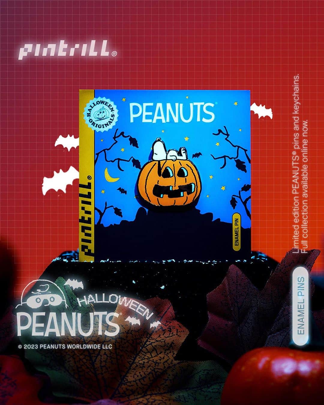 スヌーピーのインスタグラム：「The @pintrill Peanuts Halloween collection is here! 🎃   Shop limited quantity pins and keychains of Snoopy and the gang on www.pintrill.com . 👻」