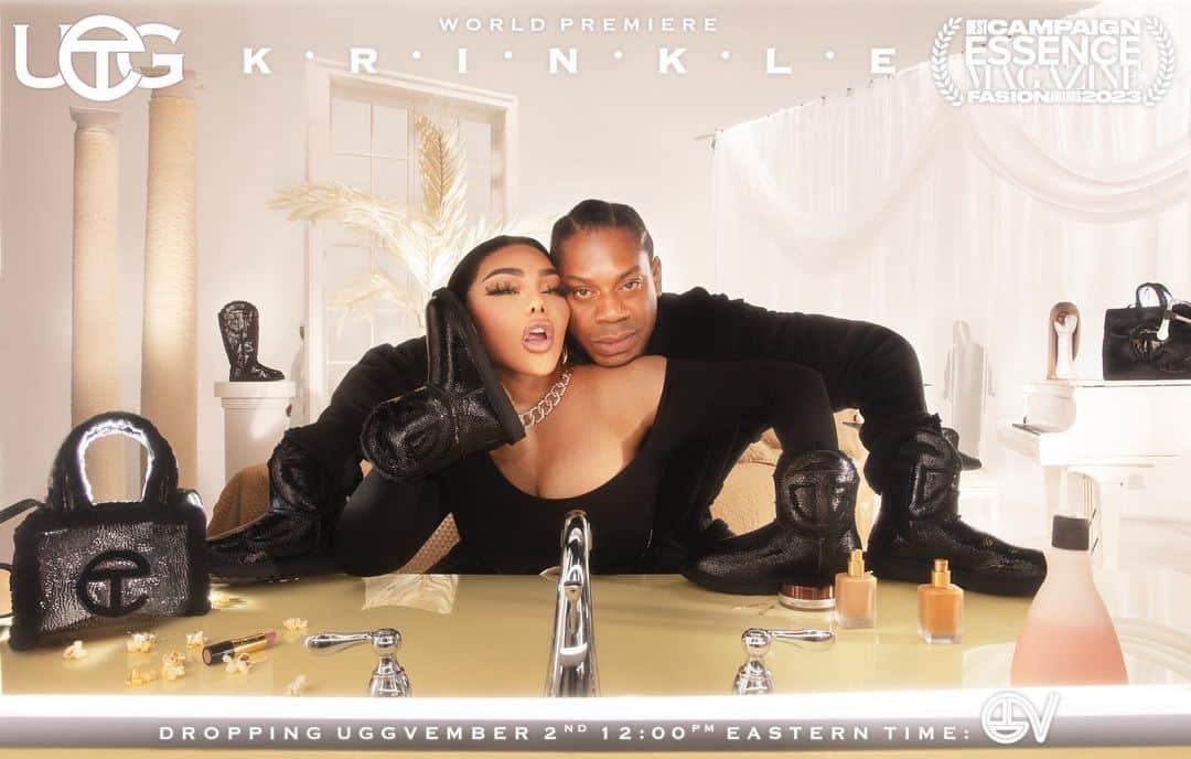 のインスタグラム：「KIM+TELFAR+UGG+KRINKLE 🖤 DROPPING UGGVEMBER 2ND— Black crinkle-patent leather bags and boots, for your feet AND hands. PUT YOUR UGGERS UP!   #EssenceAwardsBestFashionCampaign2023  🛒 TELFAR.NET NOV 2 at NOON ET  📷 @roeethridge  Styling @avenagallagher  Hair @jp_rand  Makeup @raisaflowers  Set design @andyharman」