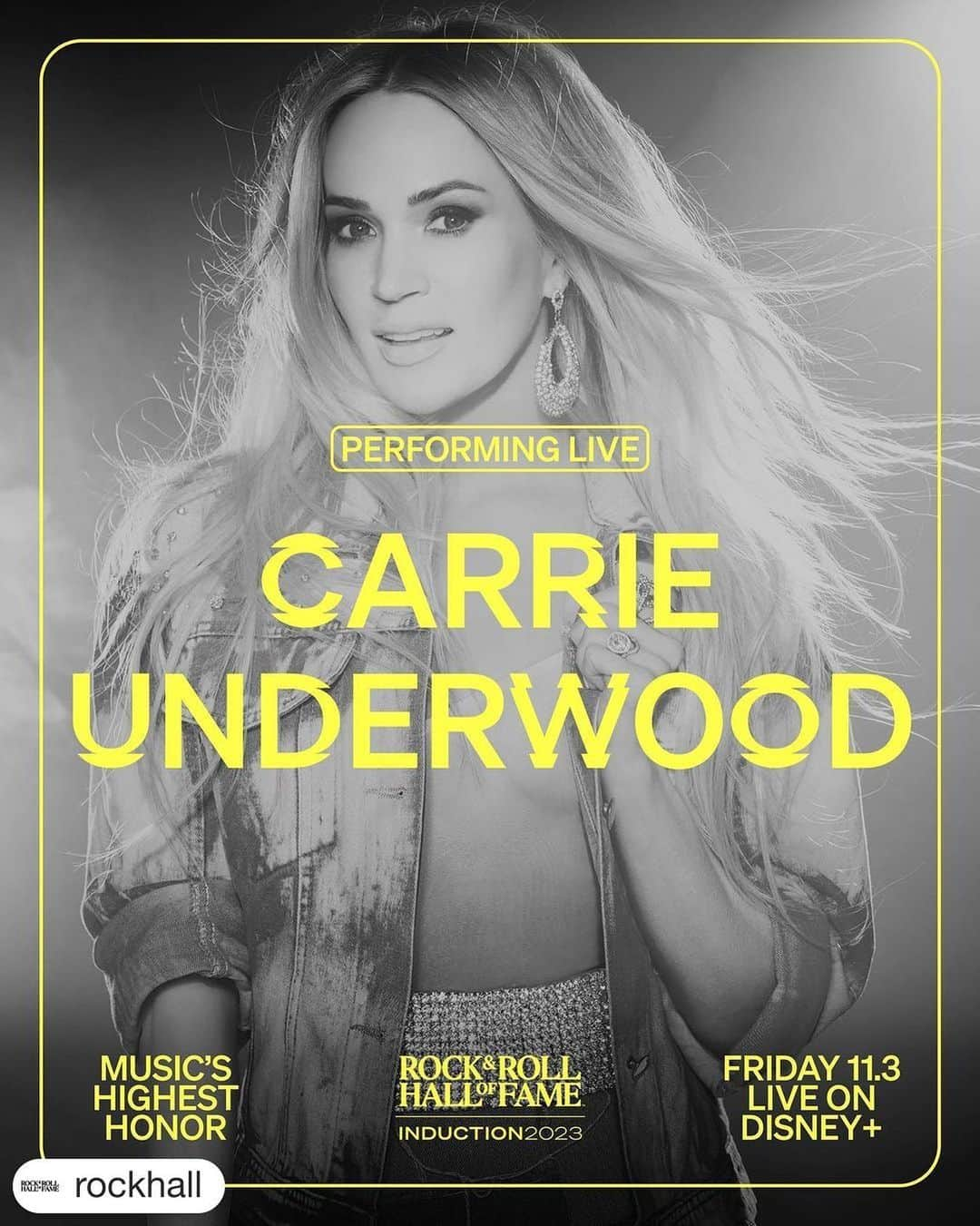 キャリー・アンダーウッドのインスタグラム：「So excited and honored to be performing at this year’s @rockhall ceremony! #RockHall2023 🎶❤️   #Repost @rockhall ・・・ Vocal powerhouse @carrieunderwood will take the @rockhall stage once again! Stream #RockHall2023 LIVE Friday, Nov. 3 at 8p ET on @disneyplus.」