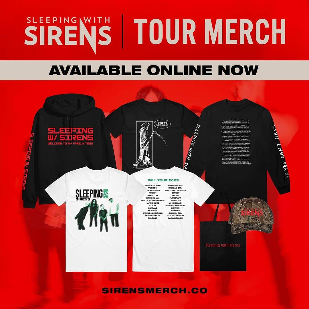 スリーピング・ウィズ・サイレンスのインスタグラム：「Our fall 2023 tour merch is available now at sirensmerch.co! Inventory is very limited so get yours soon. Link in bio ‼️」