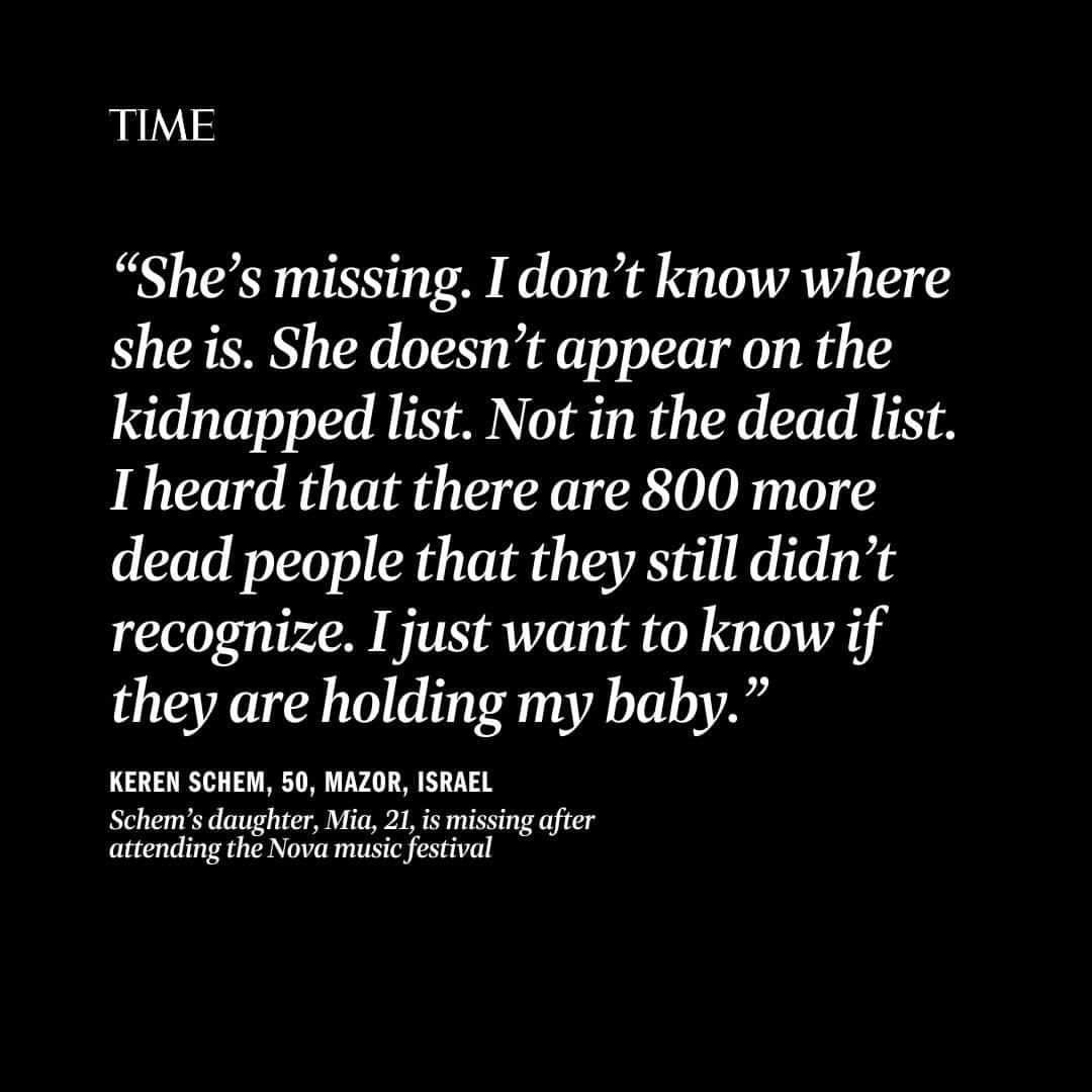 TIME Magazineさんのインスタグラム写真 - (TIME MagazineInstagram)「The scene as recounted by Eyal Nouri is almost too painful to tell: his uncle, Said Moshe, was killed in front of his aunt, Adina. His last sighting of Adina is from a photograph posted online: “You see her on a motorcycle,” Eyal says. "She’s sitting in the middle between the two terrorists. Think about the situation. A few minutes ago she saw her husband, the one that she loved for the last 50 years, murdered in front of her eyes, and now they’re taking her to an unknown place in the Gaza Strip.”  Adina Moshe, 72, is believed to be one of more than 220 hostages taken by Hamas following the Oct. 7 massacre.  In recent days, TIME reporters, editors, photo, video journalists, and contributors have worked around the clock to gather the voices of the families whose relatives have been taken hostage by Hamas.  Their stories are assembled here, as well as in full at the link in bio.  Photographs by @michal_chelbin for TIME」10月25日 0時00分 - time