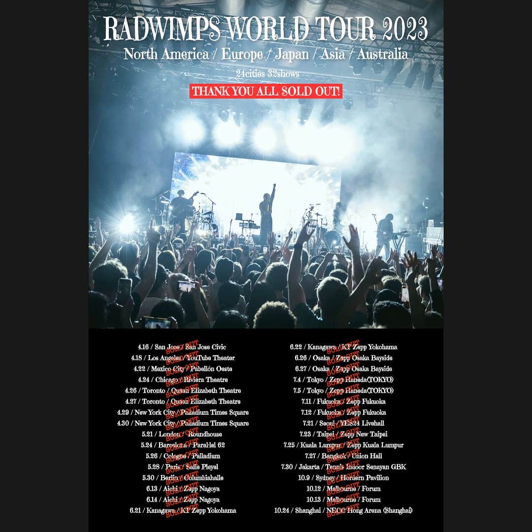 RADWIMPSのインスタグラム：「RADWIMPS WORLD TOUR 2023 - 32 shows in 24 cities ALL SOLDOUT! Thank you so much!  RADWIMPS WORLD TOUR 2023、24都市32公演ALL SOLDOUT！ありがとうございました！   #RAD_NAtour2023 #RAD_EUROPEANtour2023 #BACKTOTHELIVEHOUSE #RAD_AUSTRALIANtour2023 #RAD_ASIANtour2023 #RAD_WORLDTOUR2023」