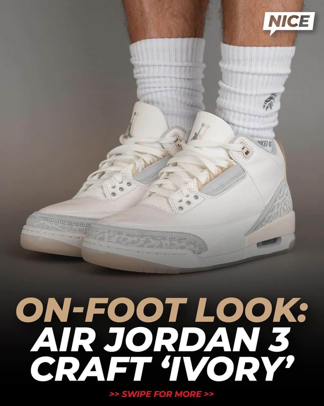 Nice Kicksのインスタグラム：「How are y’all feelin’ the “Ivory” Air Jordan 3 Craft? 👀🔥  LINK IN BIO for more info 📲 📸: @yankeekicks」