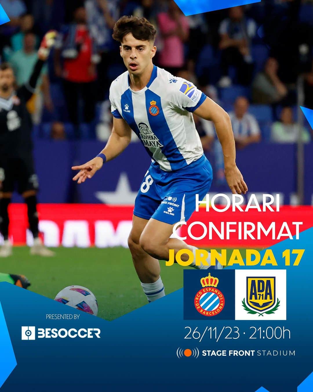 RCDエスパニョールのインスタグラム：「✅ HORARI CONFIRMAT | 𝐉𝐨𝐫𝐧𝐚𝐝𝐚 𝟏𝟕  🆚 @adalcorconsad  🏟 @stagefrontstadium  🗓️ 26/11/2023 · 21:00h #⃣ #EspanyolAlcorcón #RCDE」