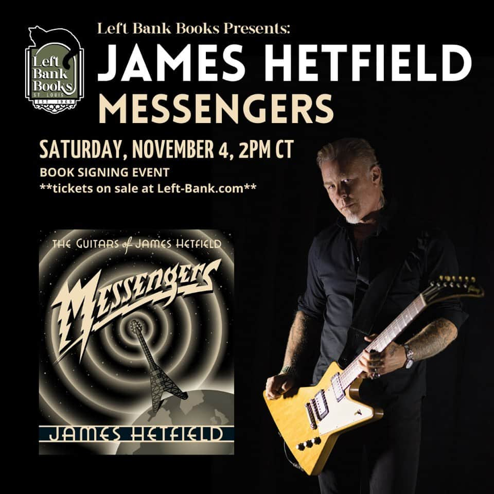 メタリカのインスタグラム：「Will you be in town for #M72STL? Get your hands on a copy of "Messengers: The Guitars of James Hetfield" more than two weeks before its release AND get it autographed by James himself!  All fans attending must have a ticket to enter the event, which includes a copy of the book.  Get Tix 🎫 LINK IN BIO  Can't make it? Pre-order your copy from The Met Store」