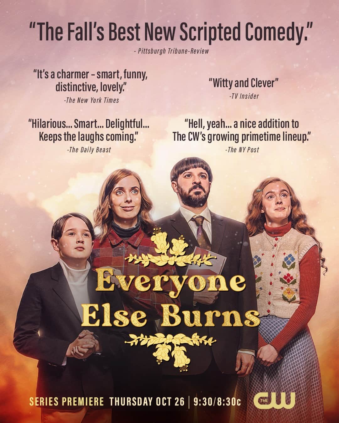 The CWのインスタグラム：「Everyone Else Burns is the new cult comedy that critics have fallen in love with. Don’t miss the series premiere this Thursday at 9:30/8:30c on The CW. #EveryoneElseBurns has already been renewed for a second season!」