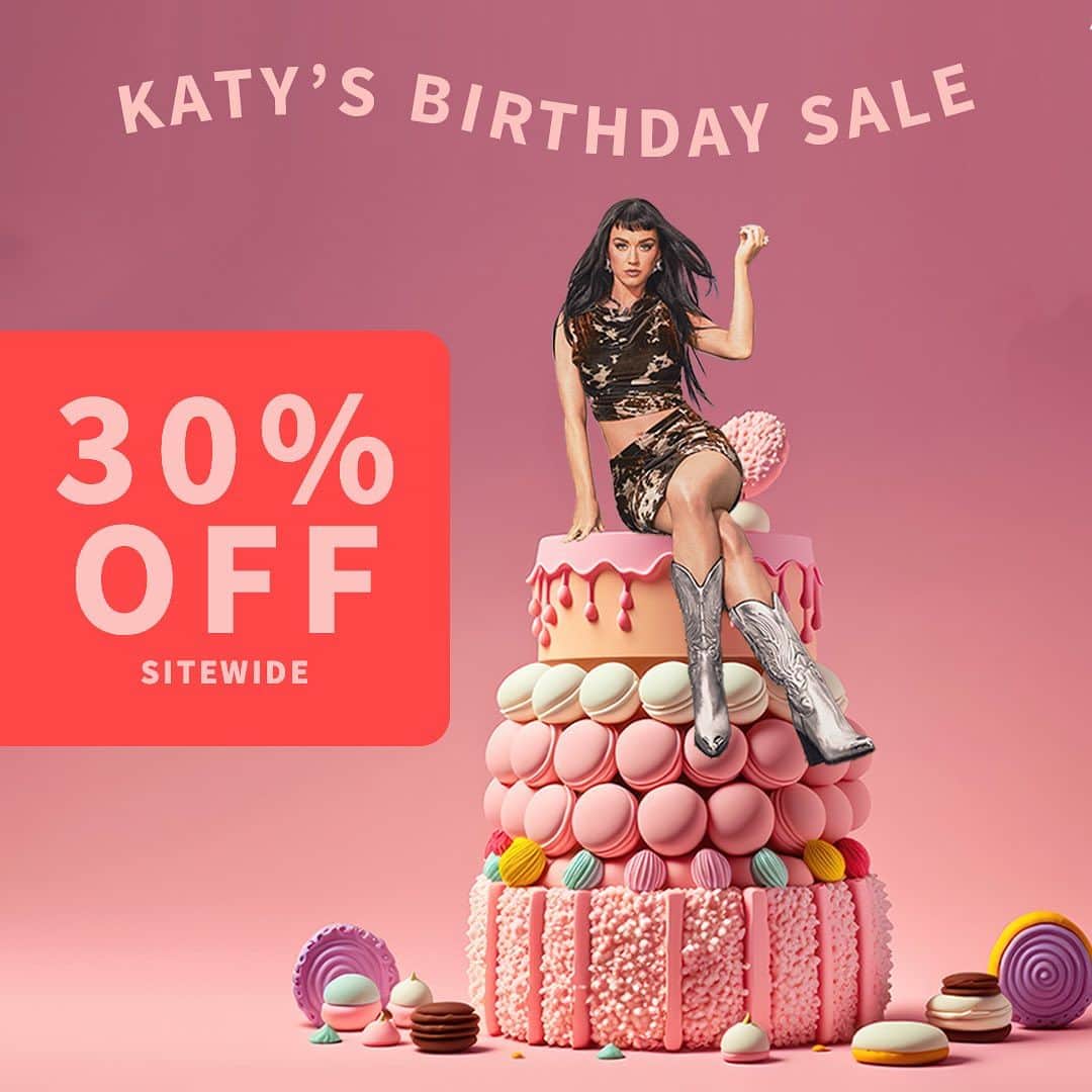 ケイティ・ペリーのインスタグラム：「Tomorrow is our CEO @katyperry’s birthday so we’re giving you something good to celebrate! 🎉🎂👠 Get 30% off the entire store until 10/31 😘」