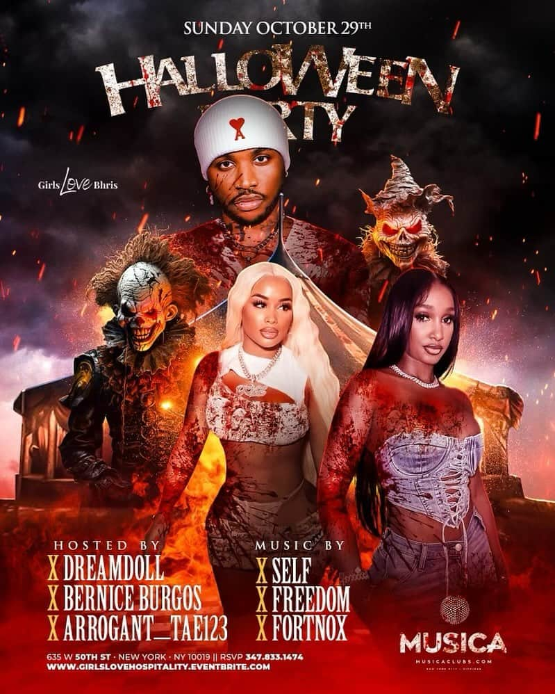 DJ Selfさんのインスタグラム写真 - (DJ SelfInstagram)「Sunday October 29th “The Halloween 🎃 party 👻 @musicanyc hosted by @arrogant_tae123 @dreamdoll  And @realberniceburgos   Best Halloween 👻 costume $1000 cash prize 🏆 give away   Music by @djself @djfreedomnyc and @djfortnox   Ticket link  Www.Girlslovehospitality.eventbrite.com   Early arrival highly recommended for tables contact 347•833•1474 @girlslovebhris」10月25日 14時16分 - djself