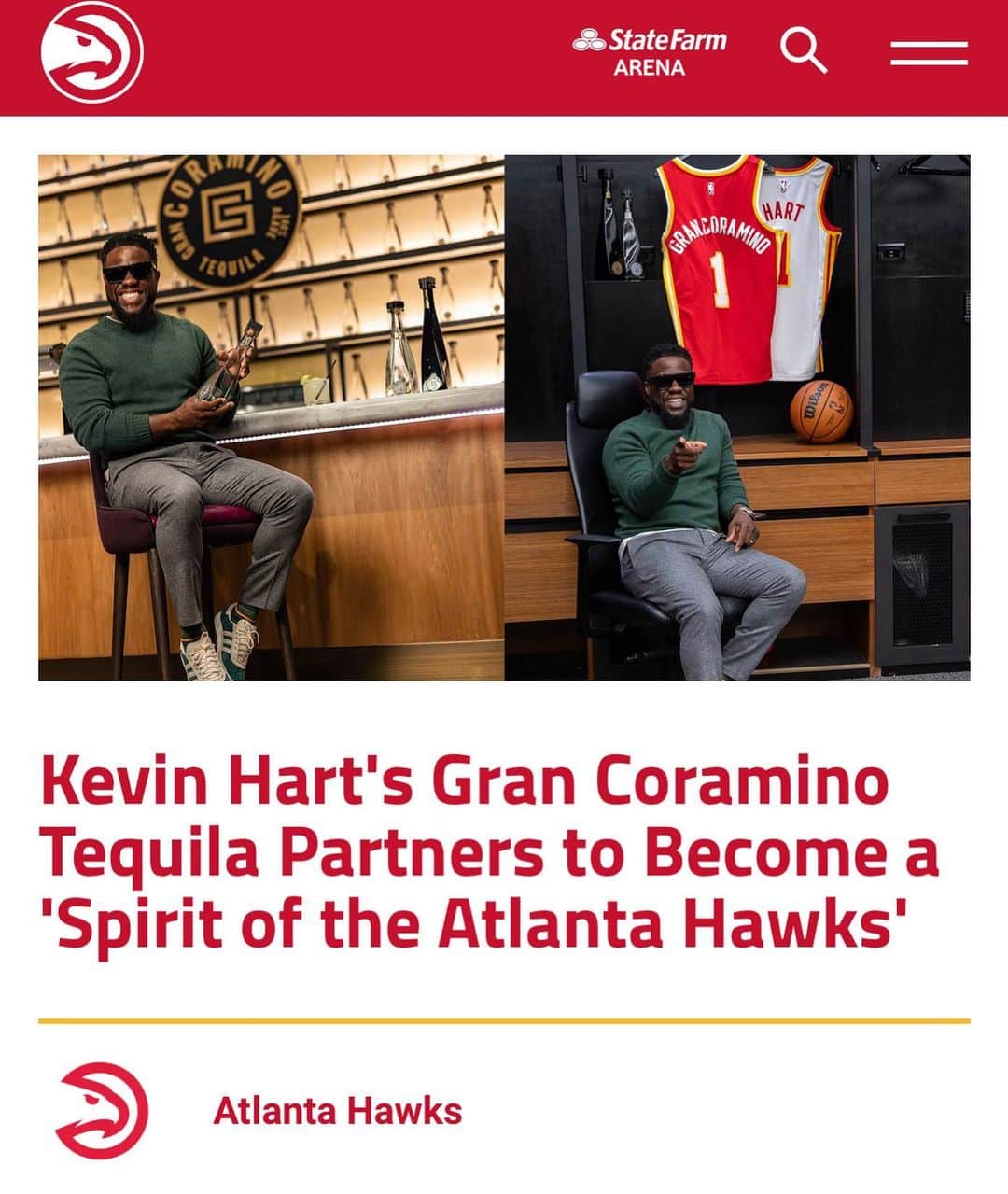 ケビン・ハートのインスタグラム：「Let’s goooooooooo!!!!! Major thank you to @atlhawks ….I’m excited as hell about the partnership…. Our future is bright!!!!! Make sure you visit the @grancoramino bar/lounge when you go see the Hawks!!!!! We are growing and I’m loving it!!!!!! #HardWorkTasteDifferent」