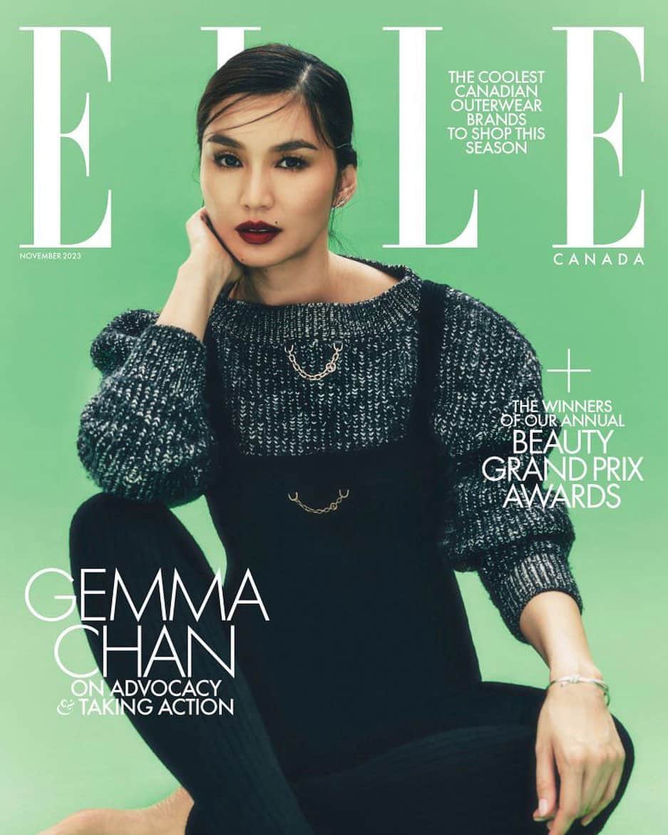ジェンマ・チャンのインスタグラム：「ELLE Canada November 2023 issue is on newsstands now 💚  Publisher @sophiebanford Editor-in-chief @joannafox  Words @suyinsays Photography @petrosstudio  Styling @kellyannhughes Hair @cwoodhair  Makeup @babskymakeup Nails @michelleclassnails  Creative Director @tom_houseofusher Producer @carlaholdforth Styling Assistant @crystallecox  Wearing @louisvuitton and @tiffanyandco  #ElleCanada」