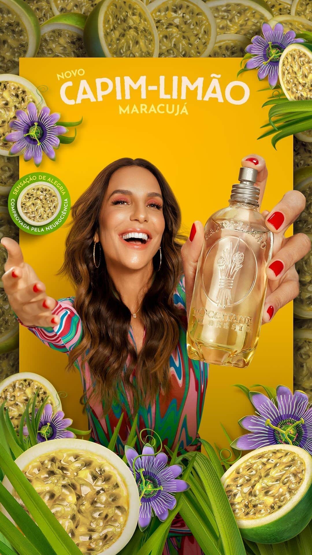 イヴェッチ・サンガロのインスタグラム：「Ta sentindo essa alegria, chérie? Só pode ser o lançamento da @loccitaneaubresil NOVO Capim-Limão Maracujá ❤️ Um sopro fresco de alegria com essa fragrância que já ganhou mainha aqui. Aproveita meu cupom massa IVETE15 e garanta 15% de desconto em qualquer compra* no site ou lojas da L'Occitane au Brésil!  *Confira lojas e produtos participantes no ato da compra. #publi」